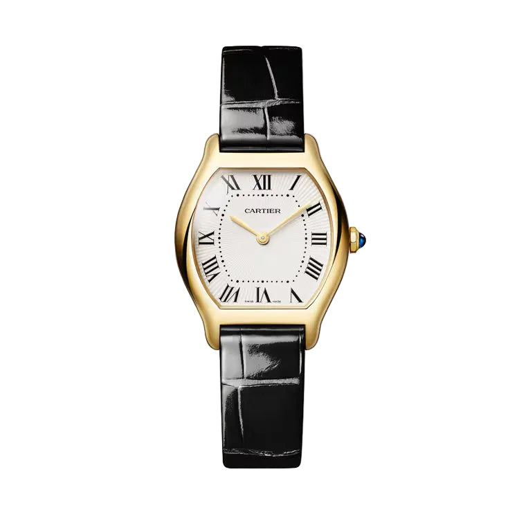 Cartier watch with black strap and gold case on a light gray background