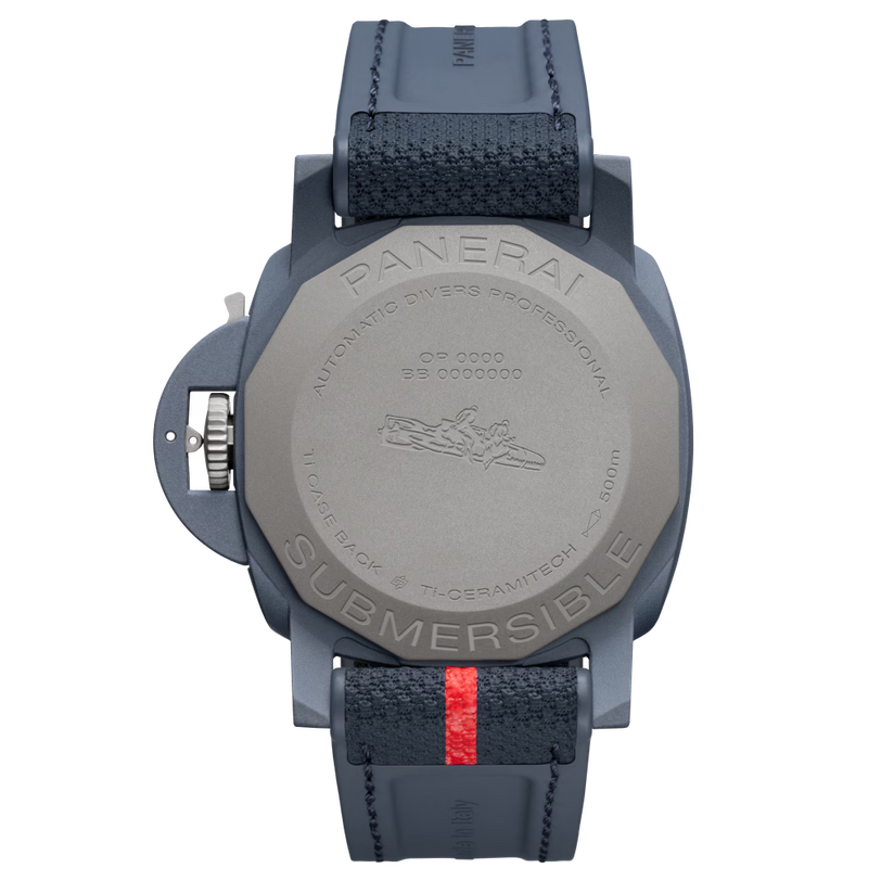 Back view of the Panerai Submersible QuarantaQuattro Luna Rossa Ti-Ceramitech™ men's watch, featuring blue strap, red accent, engraved diver motif, and text highlighting its automatic movement, 300m water resistance, and titanium-ceramic case.