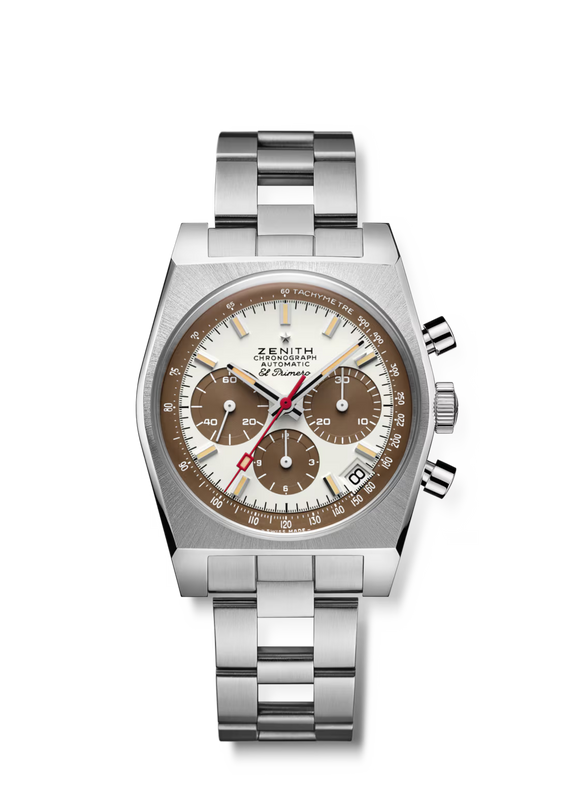 Silver watch with brown face on a white background