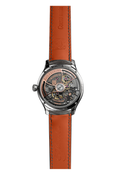 Stainless steel watch with skeleton dial and rust-colored leather strap.