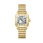 Santos De Cartier Watch by Cartier featuring a square face with Roman numerals and a metal link bracelet, shown on a white background.