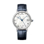 The Breguet Classique 9068 is a luxury white gold wristwatch with a white mother-of-pearl dial, Roman numerals, blue hands, date display, diamond bezel, and a black leather strap.