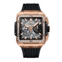 The Hublot Square Bang Unico King Gold Diamonds features a King Gold case, diamond-set bezel, visible Unico movement, and a black rubber strap.