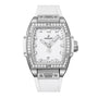 The Hublot Spirit Of Big Bang Steel White Diamonds watch features a white dial, diamond-set bezel, self-winding movement, and a white textured strap, shown against a plain background.