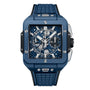 The Hublot Square Bang Unico Blue Ceramic features a skeleton sapphire crystal dial with white markers, three subdials, and a textured blue rubber strap.