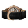 The Girard-Perregaux Classic Bridges 45, seen from the back, displays its intricate mechanical movement through a transparent case, complemented by a black leather strap and gold GP-engraved clasp.
