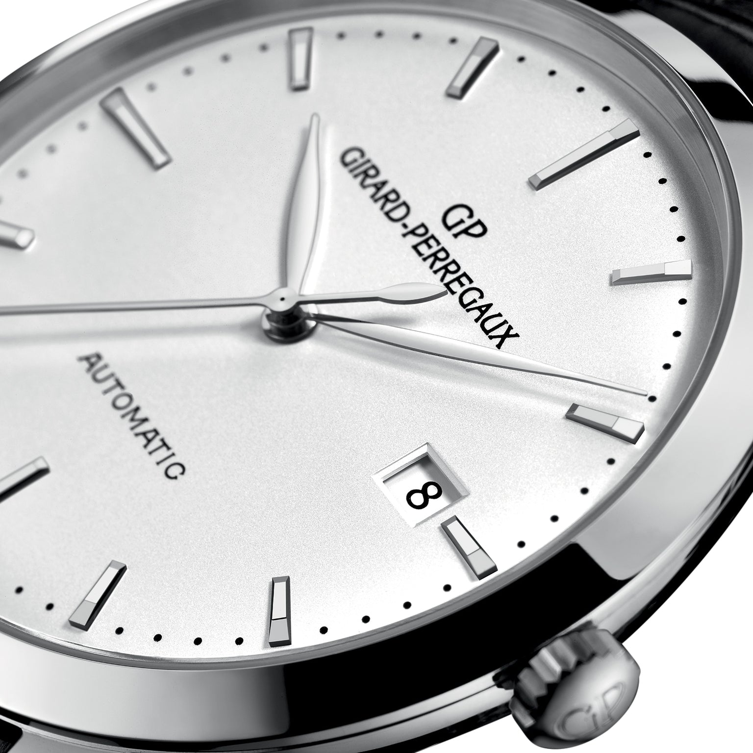 Close-up of the Girard-Perregaux 1966 40 automatic watch, featuring a white dial, black hour markers, stainless steel case, and a date window showing the number 8.