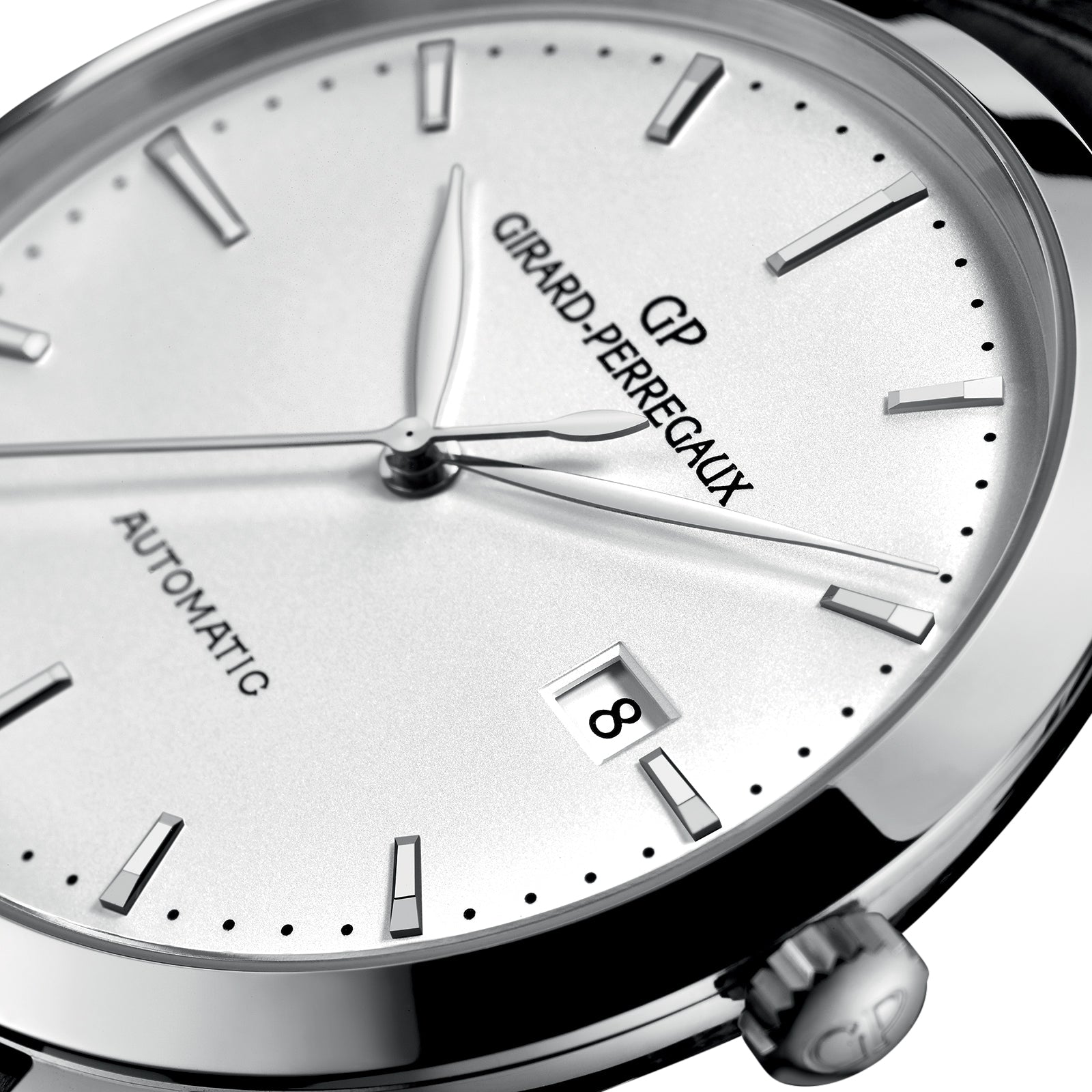 Close-up of the Girard-Perregaux 1966 40 automatic watch, featuring a white dial, black hour markers, stainless steel case, and a date window showing the number 8.