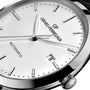 Close-up of the Girard-Perregaux 1966 40 automatic watch, featuring a white dial, black hour markers, stainless steel case, and a date window showing the number 8.