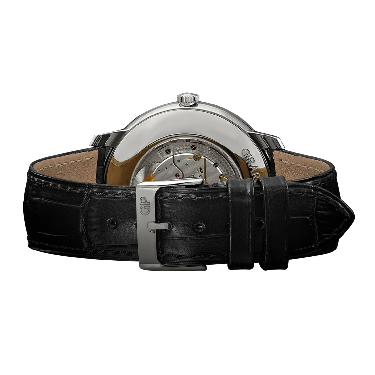 Close-up of the Girard-Perregaux 1966 40, highlighting its mechanical movement through the stainless steel case back and its black leather strap with metal buckle.