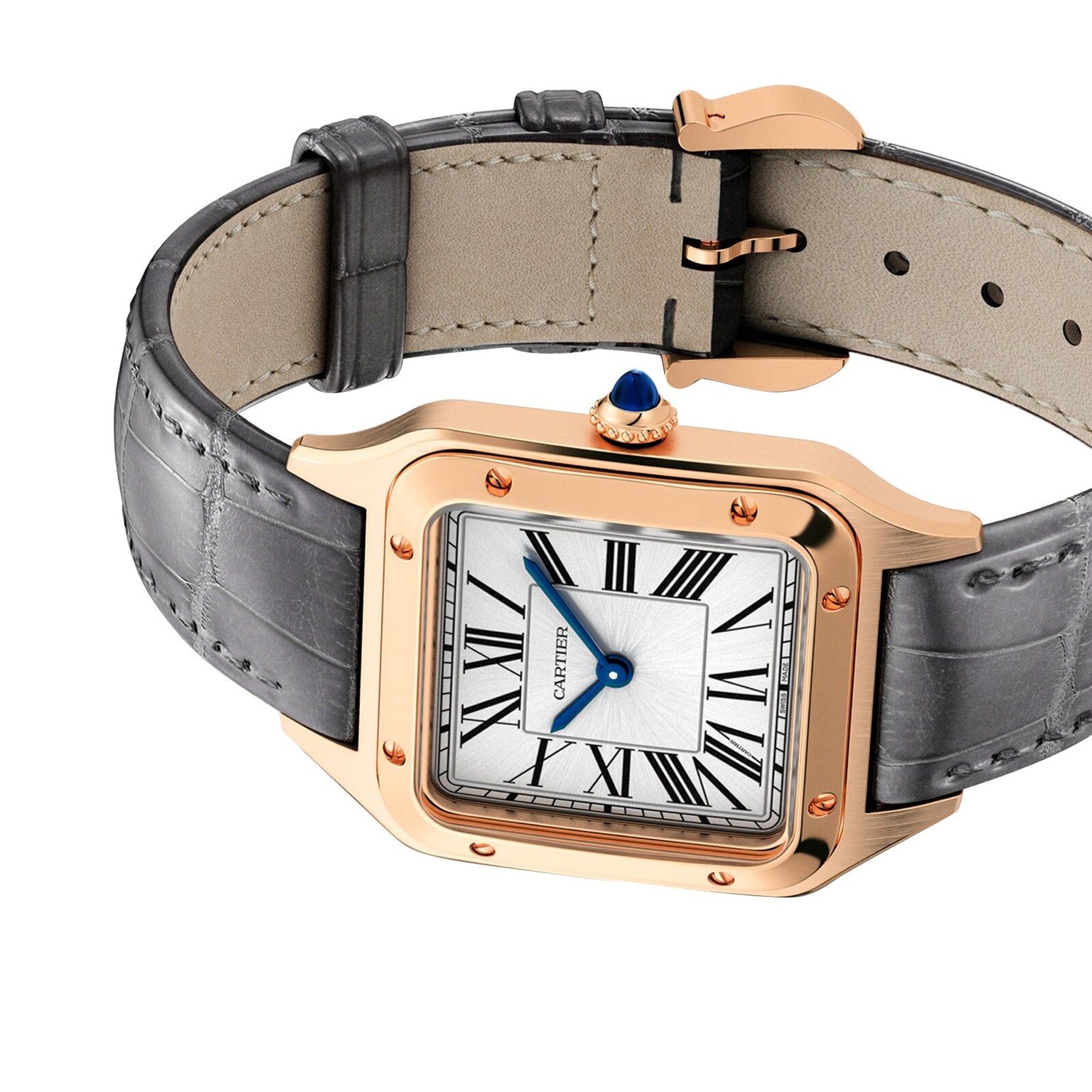 The Cartier Santos-Dumont is a luxury watch with an 18K rose gold square case, white dial with black Roman numerals, blue hands, and a grey leather strap.