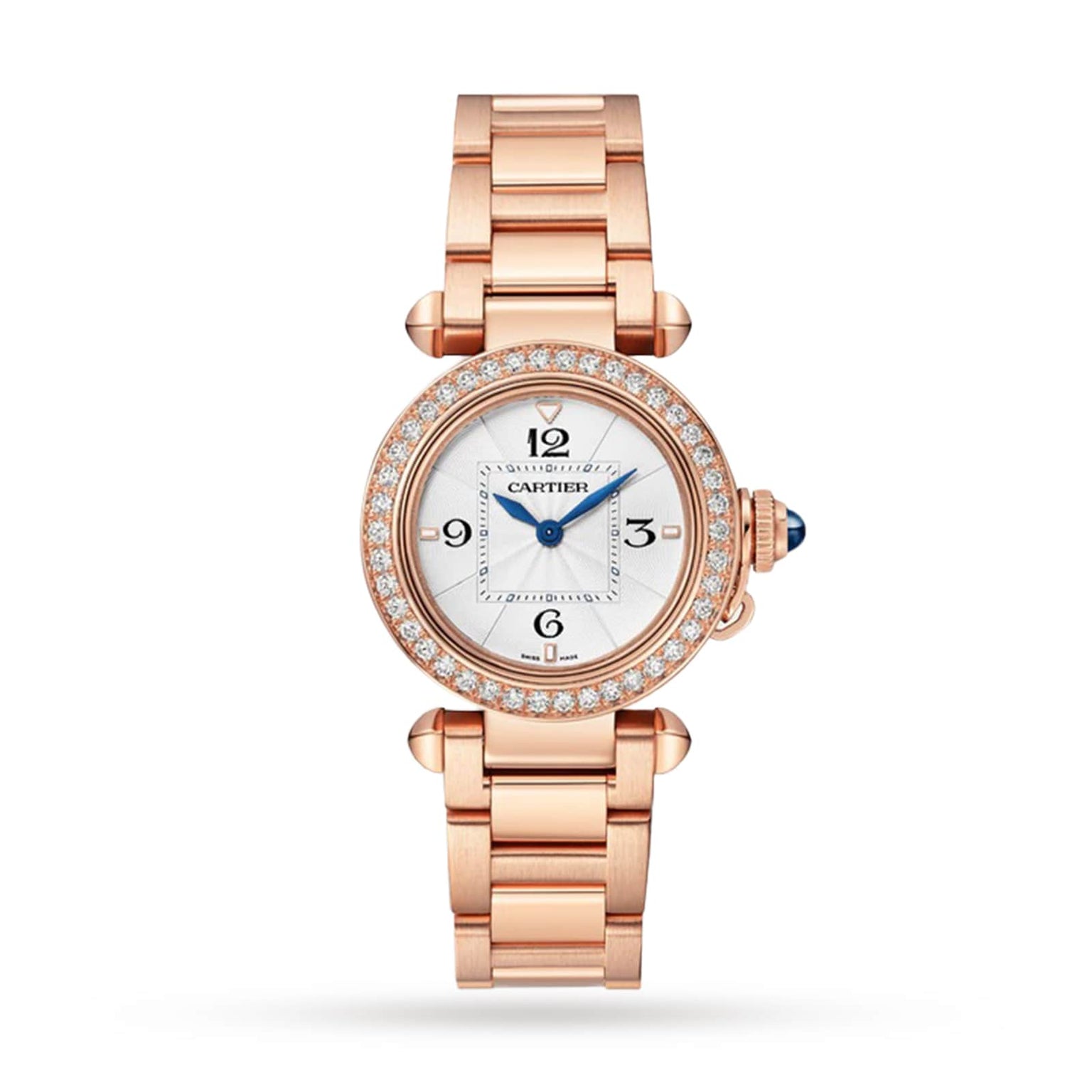 The Cartier Pasha de Cartier watch in rose gold features a round diamond-set bezel, silver dial, blue hands, and a link bracelet, shown against a plain white background.