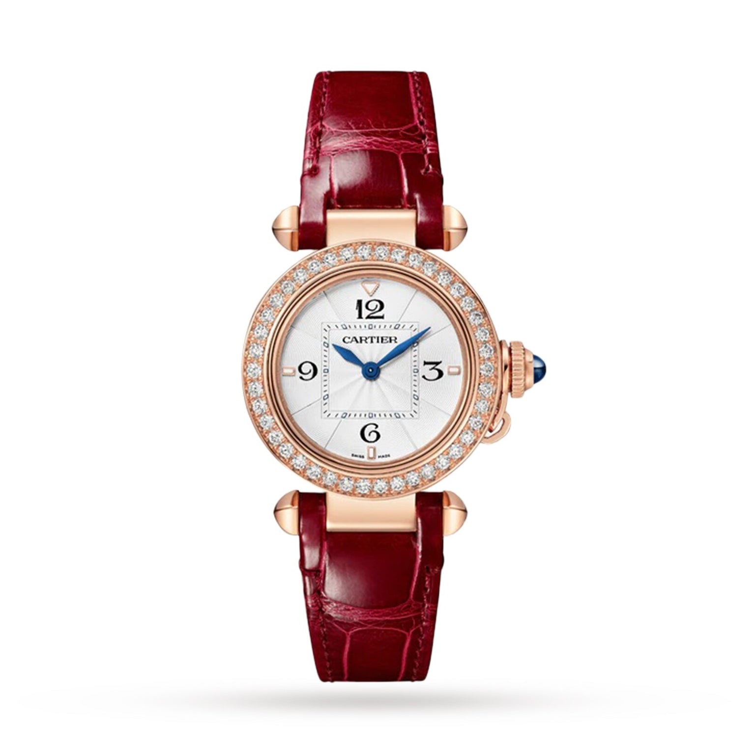 The Pasha de Cartier by Cartier is a womens watch with a round diamond bezel, white dial, blue hands, and a red leather strap in elegant rose gold.