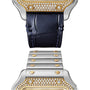 Close-up of the Santos de Cartier Chronograph by Cartier, showcasing a diamond bezel and two interchangeable bands: a dark blue leather strap and a silver metal bracelet with gold accents.