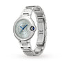 The Cartier Ballon Bleu de Cartier is a silver wristwatch featuring a round face, blue hands, Roman numerals, and a metal link bracelet with an interchangeable steel option, shown against a white background.