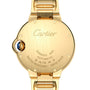 Back view of a yellow gold Ballon Bleu de Cartier watch displays engravings for Cartier, serial number, automatic movement, gold purity, water resistance, and Swiss origin. Select models include a diamond-set bezel.