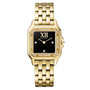 The Cartier Panthère de Cartier gold watch features a black square face, diamond accents, Roman numeral XII, and a linked metal bracelet—a luxurious timepiece with timeless chic.