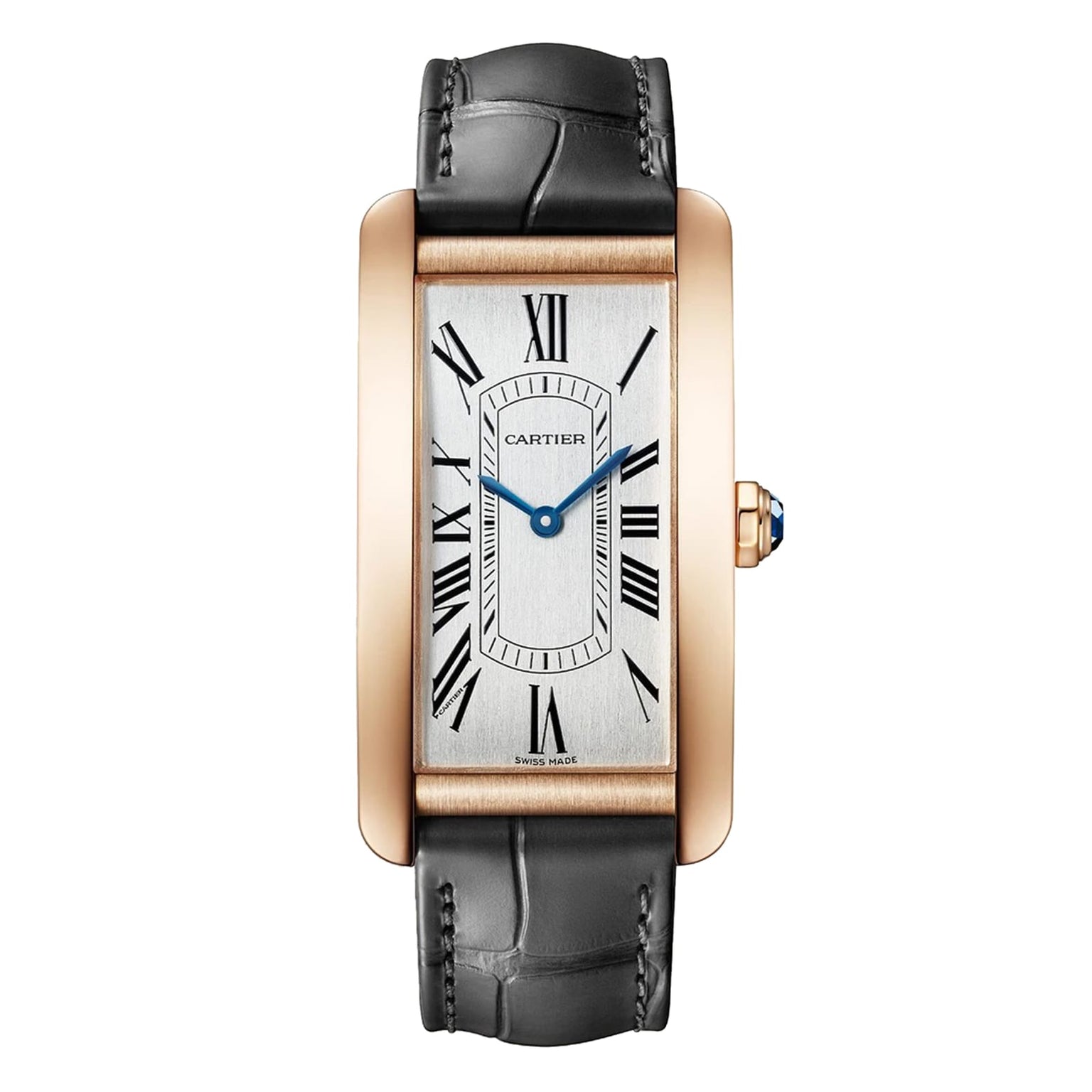 The Cartier Tank Américaine is a rectangular wristwatch featuring a rose gold case, Roman numeral markers, blue hands, and a black leather strap.