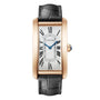 The Cartier Tank Américaine is a rectangular wristwatch featuring a rose gold case, Roman numeral markers, blue hands, and a black leather strap.