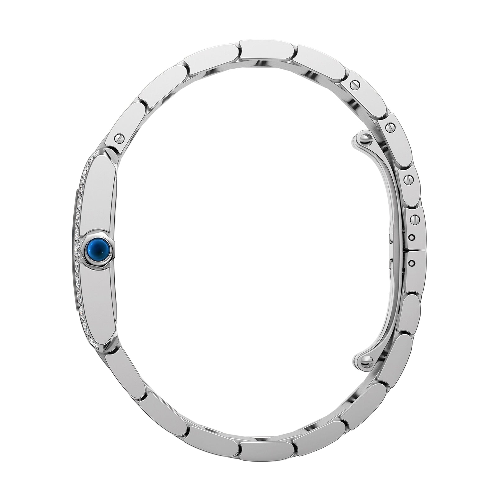 The Cartier Tank Française is a thin silver oval bracelet featuring a single blue gemstone on one side.