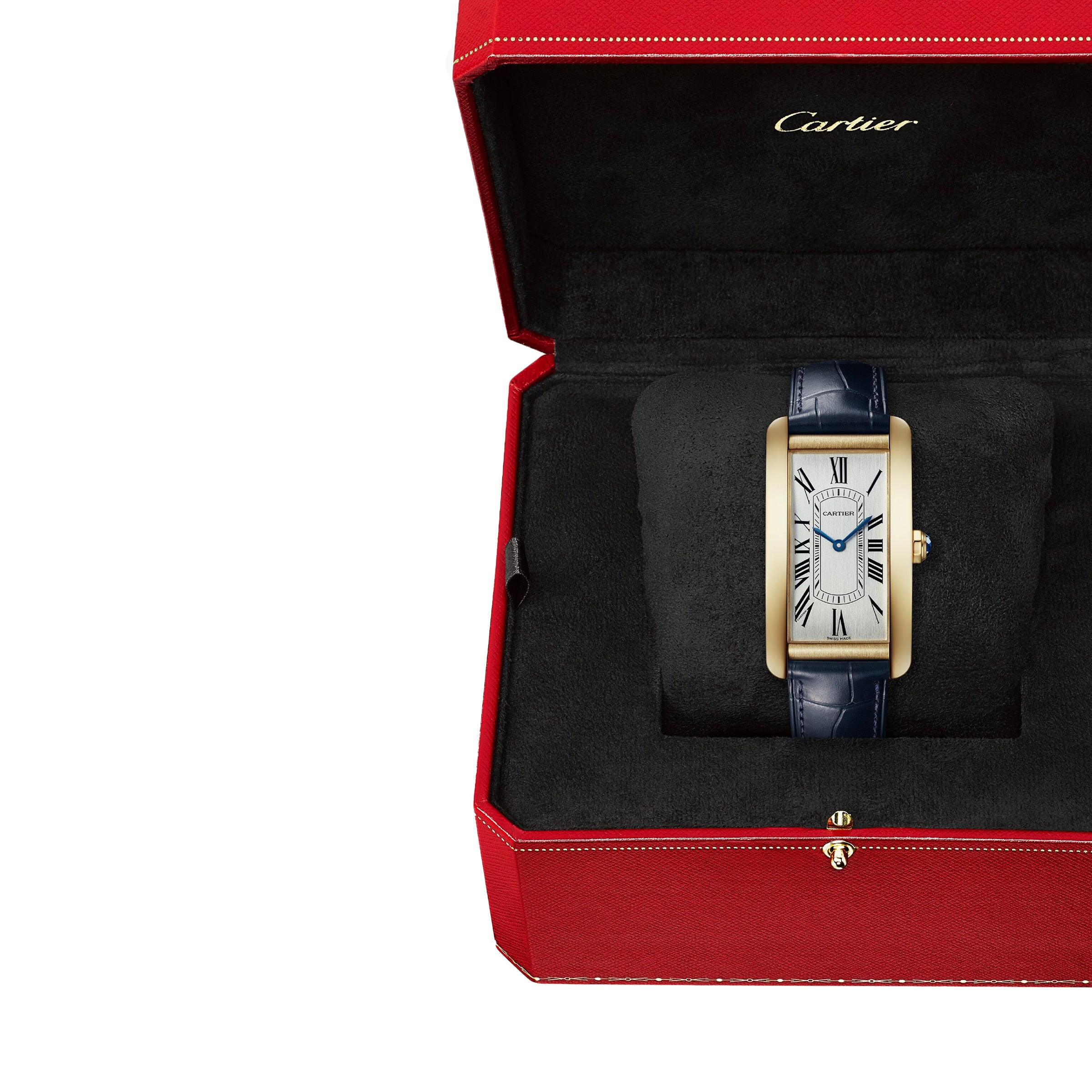 A Cartier Tank Américaine gold watch with a blue strap, presented in a red Cartier box lined with black velvet.