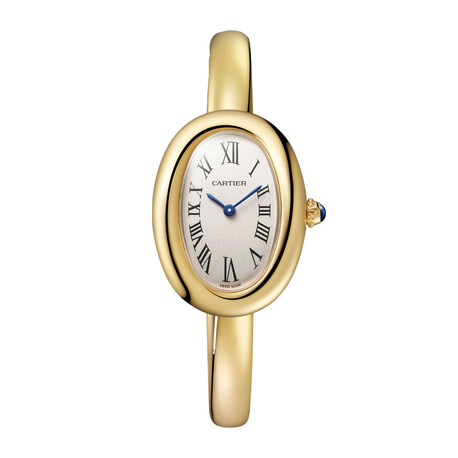 The Cartier Baignoire watch features an oval face, Roman numerals, blue hands, and a slim gold bracelet band.