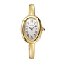 The Cartier Baignoire watch features an oval face, Roman numerals, blue hands, and a slim gold bracelet band.