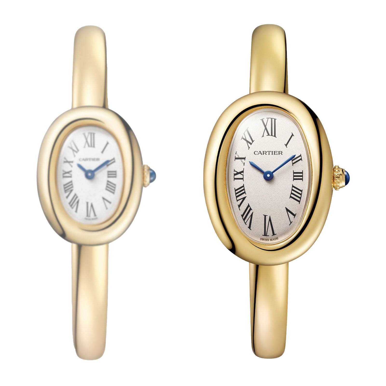 Two Cartier Baignoire gold wristwatches with white oval faces and Roman numerals are displayed on a white background.