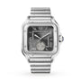 The Santos de Cartier by Cartier features a stainless steel case, square black dial with Roman numerals, date display, and metal link bracelet—an elegant timepiece that exemplifies the brand’s timeless style.