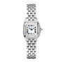 The Panthère de Cartier watch by Cartier features a steel case, square white dial with black Roman numerals, blue hands, and a metal link bracelet, displayed on a white background.