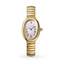 Cartier Baignoire watch with an oval face, Roman numeral hour markers, and a segmented 18K yellow gold bracelet band, displayed on a white background.