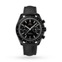 The OMEGA Speedmaster Dark Side of The Moon Ceramic features a black ceramic bezel, black fabric strap, white markers, three subdials, and a tachymeter, celebrating its Lunar Legacy against a crisp white background.