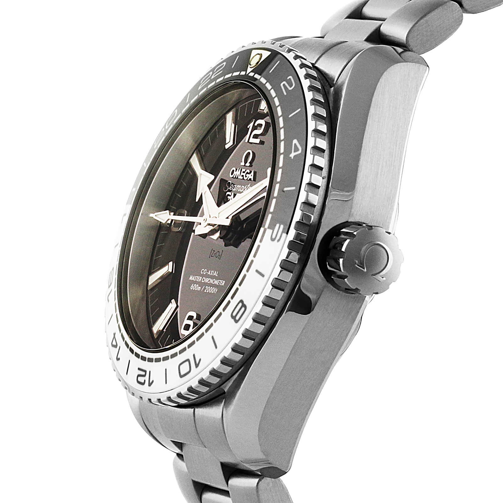 Close-up side view of an OMEGA Seamaster Planet Ocean 600M dive watch in stainless steel with a black dial, rotating bezel, visible crown, and metal bracelet.