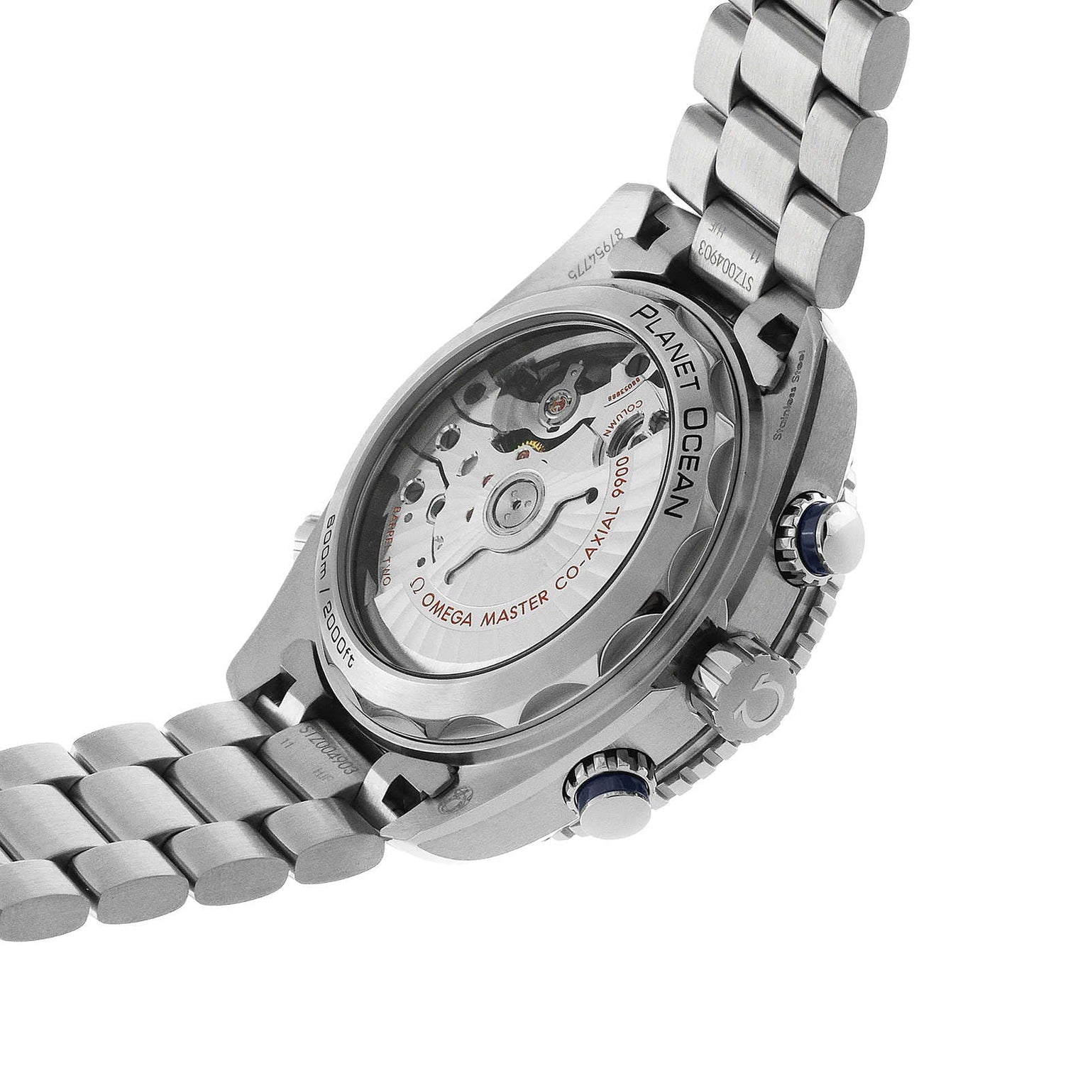 A close-up of the Seamaster Planet Ocean 600M by OMEGA showcases its Master Chronometer movement and stainless steel bracelet, reflecting the iconic Seamaster heritage.