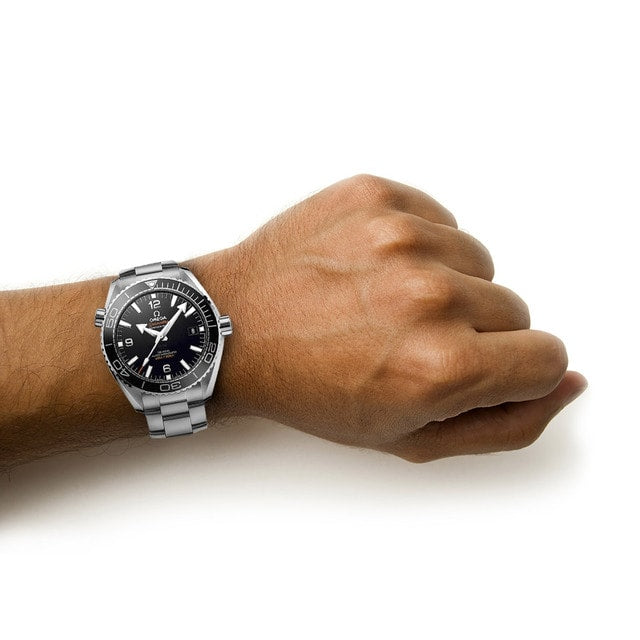A persons wrist wearing an OMEGA Seamaster Planet Ocean 600M with a black dial and silver band, set against a plain white background.