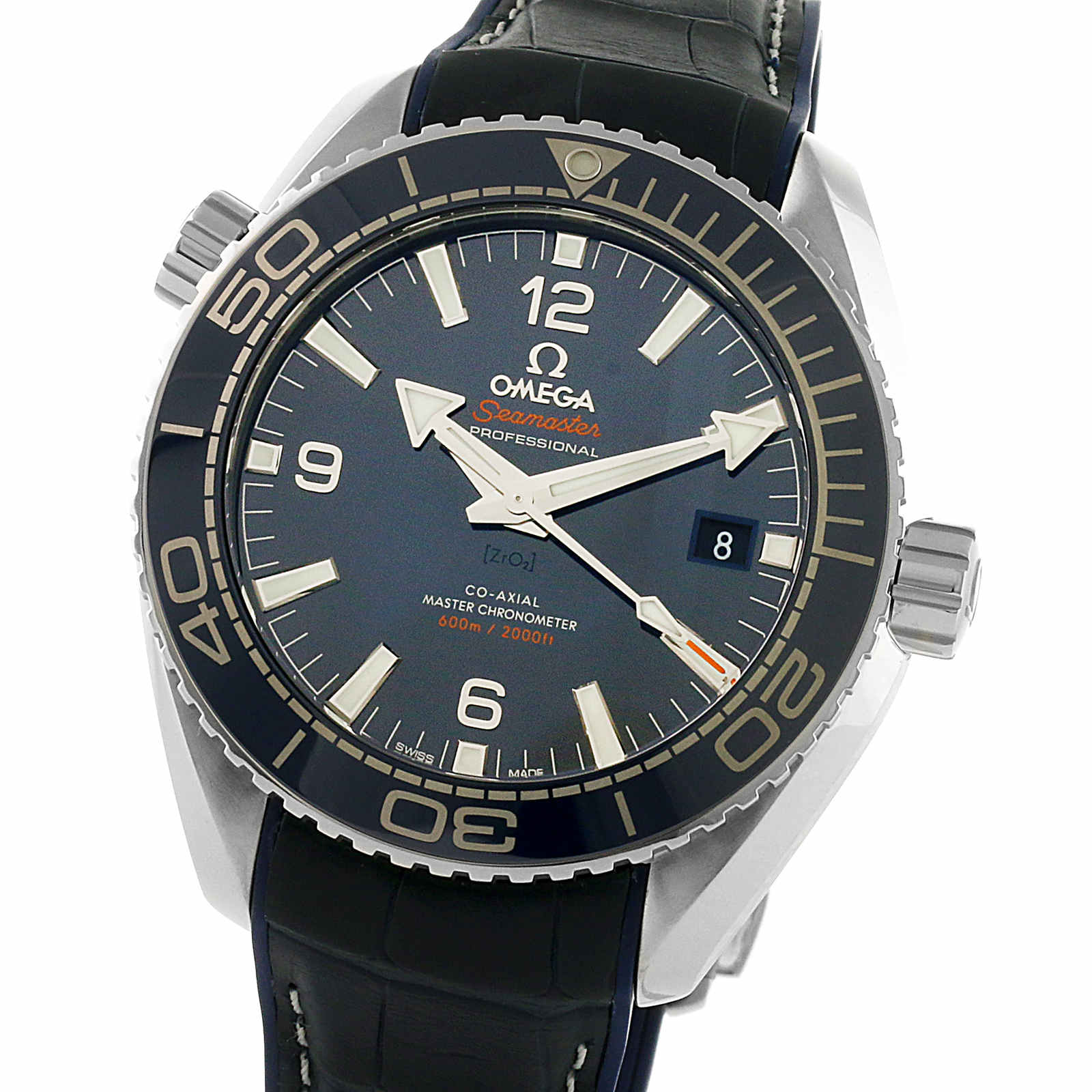 OMEGA Seamaster Planet Ocean 600M wristwatch with black bezel, dark blue dial, white hour markers, and a black leather strap. Features Seamaster heritage, Master Chronometer performance, and a date display at 3 o’clock.