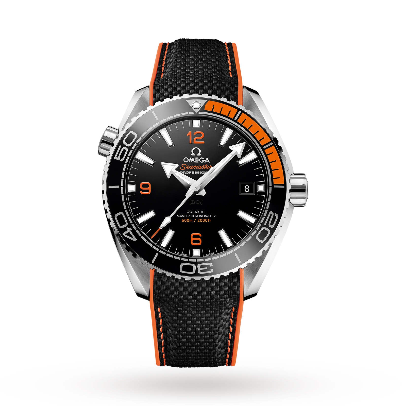 The OMEGA Seamaster Planet Ocean 600M is a black dive watch with a black dial, orange accents, date window, and a black textured strap with orange edges, shown on a white background. This Master Chronometer combines style and precision.