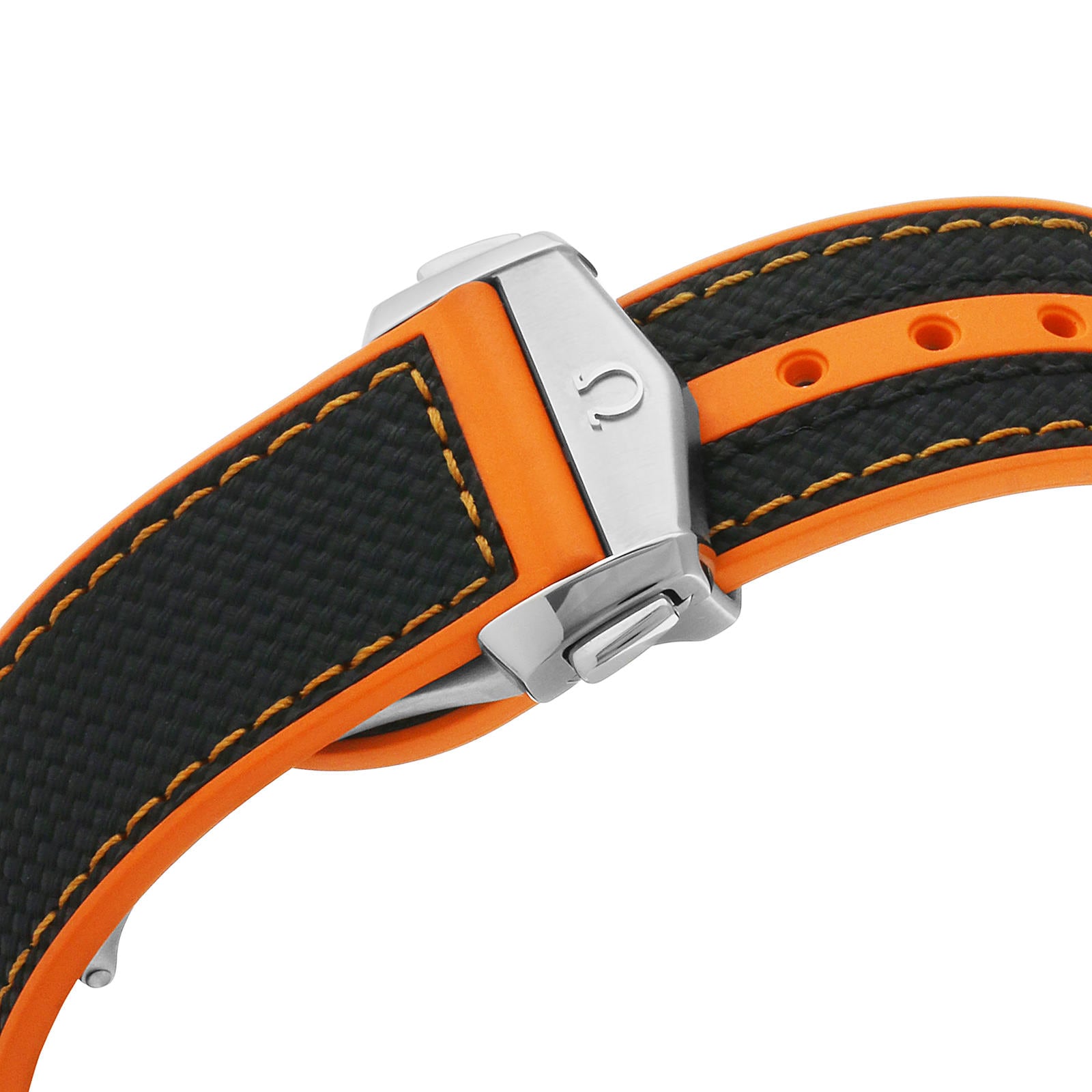 Close-up of a black and orange textured dive watch strap with orange stitching and a silver clasp engraved with C—ideal for pairing with your OMEGA Seamaster Planet Ocean 600M or any Master Chronometer.