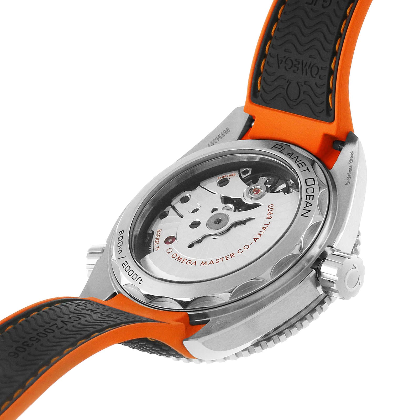 Back view of the OMEGA Seamaster Planet Ocean 600M, featuring its exposed mechanical movement, stainless steel case, and black-orange rubber strap—crafted to Master Chronometer standards.