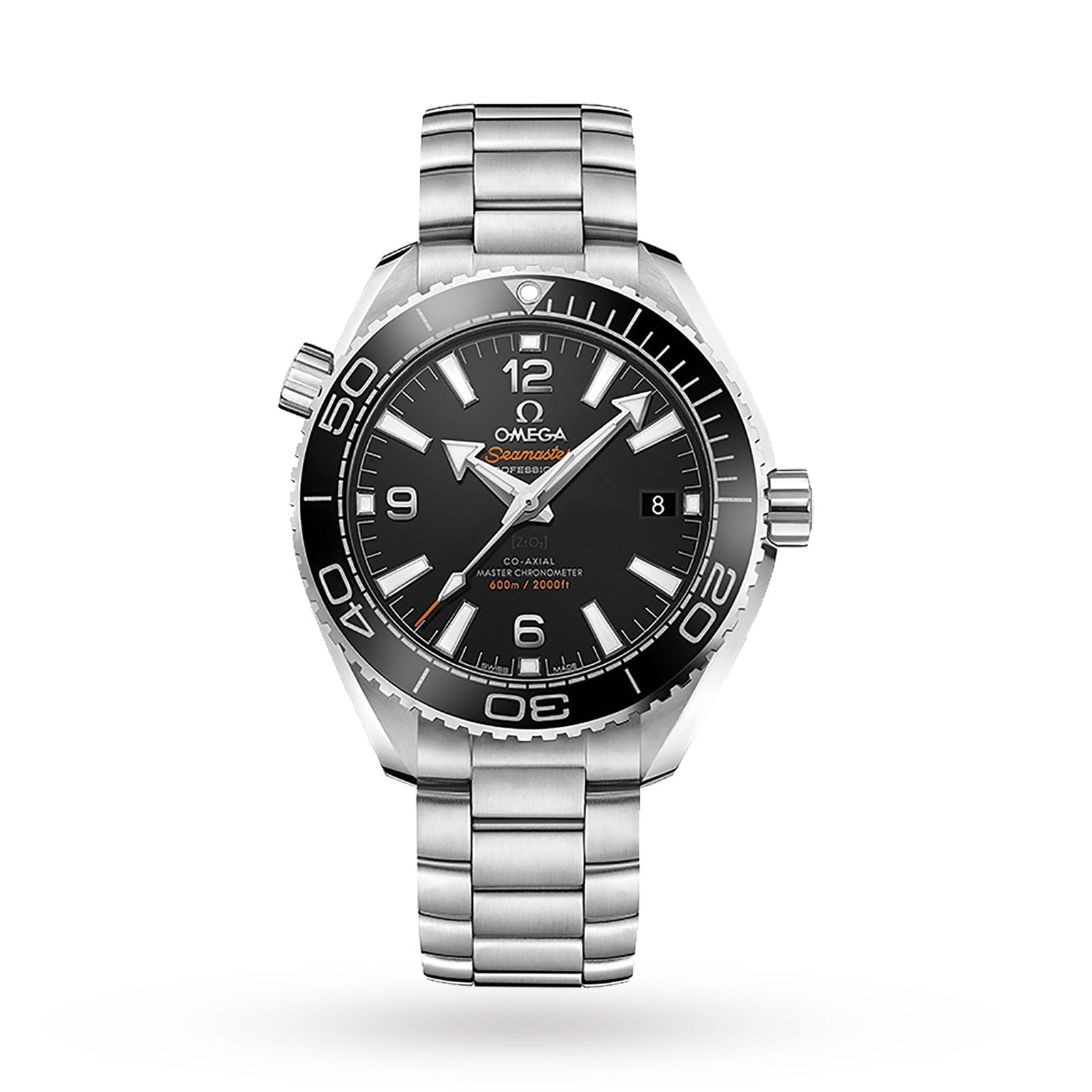An OMEGA Seamaster Planet Ocean 600M stainless steel dive watch with a black dial, silver hour markers, date display, and rotating bezel, displayed on a white background.
