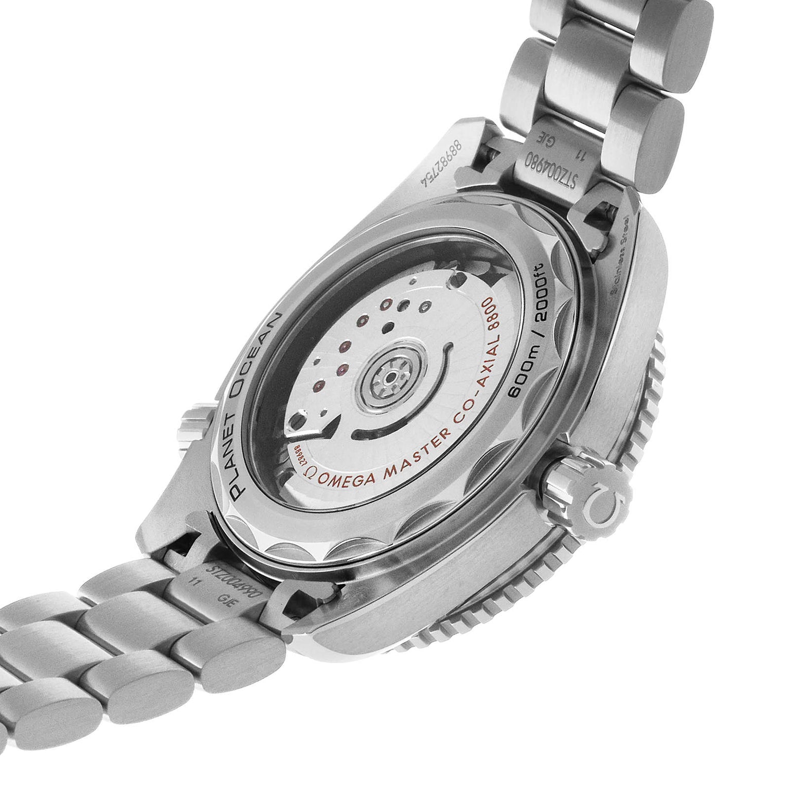 Back view of the OMEGA Seamaster Planet Ocean 600M, showcasing its stainless steel case, transparent case back, and visible Master Chronometer automatic movement.