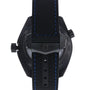 Black OMEGA Seamaster Planet Ocean 600M wristwatch shown from the back, featuring a textured leather strap with blue stitching and a metallic buckle—crafted for style and durability.