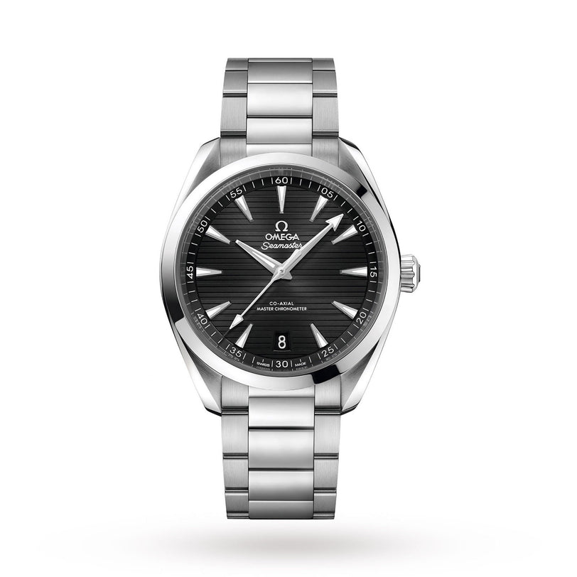 The OMEGA Seamaster Aqua Terra 150M wristwatch features a stainless steel case, black dial with silver hour markers, date window at 6 o’clock, and a metal link bracelet, embodying the brand’s maritime heritage against a white background.