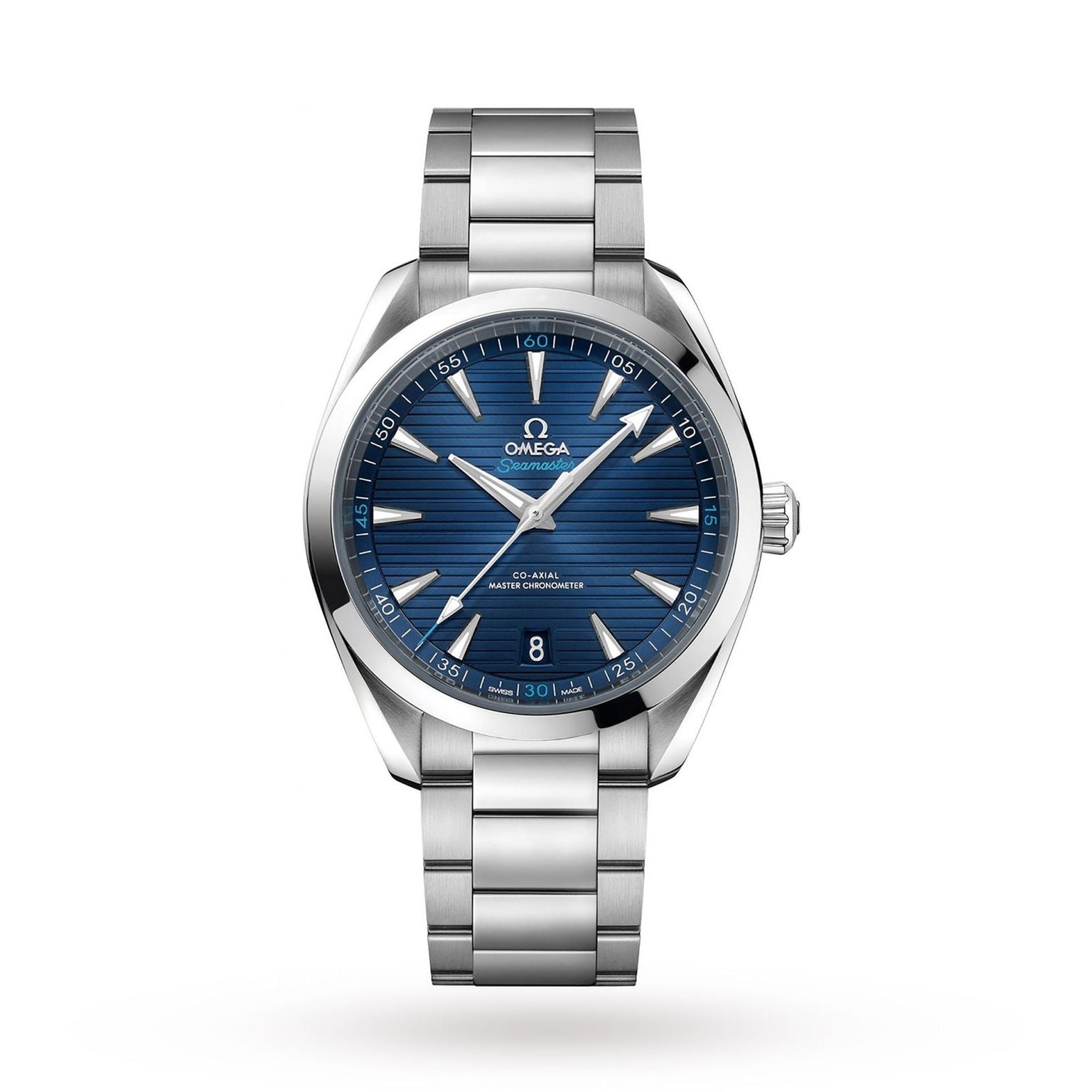 An OMEGA Seamaster Aqua Terra 150M stainless steel watch with a blue textured dial, silver hour markers, date window at 6 o’clock, and metal bracelet is shown on a white background.