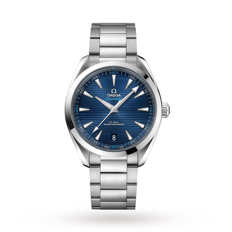An OMEGA Seamaster Aqua Terra 150M stainless steel watch with a blue textured dial, silver hour markers, date window at 6 o’clock, and metal bracelet is shown on a white background.