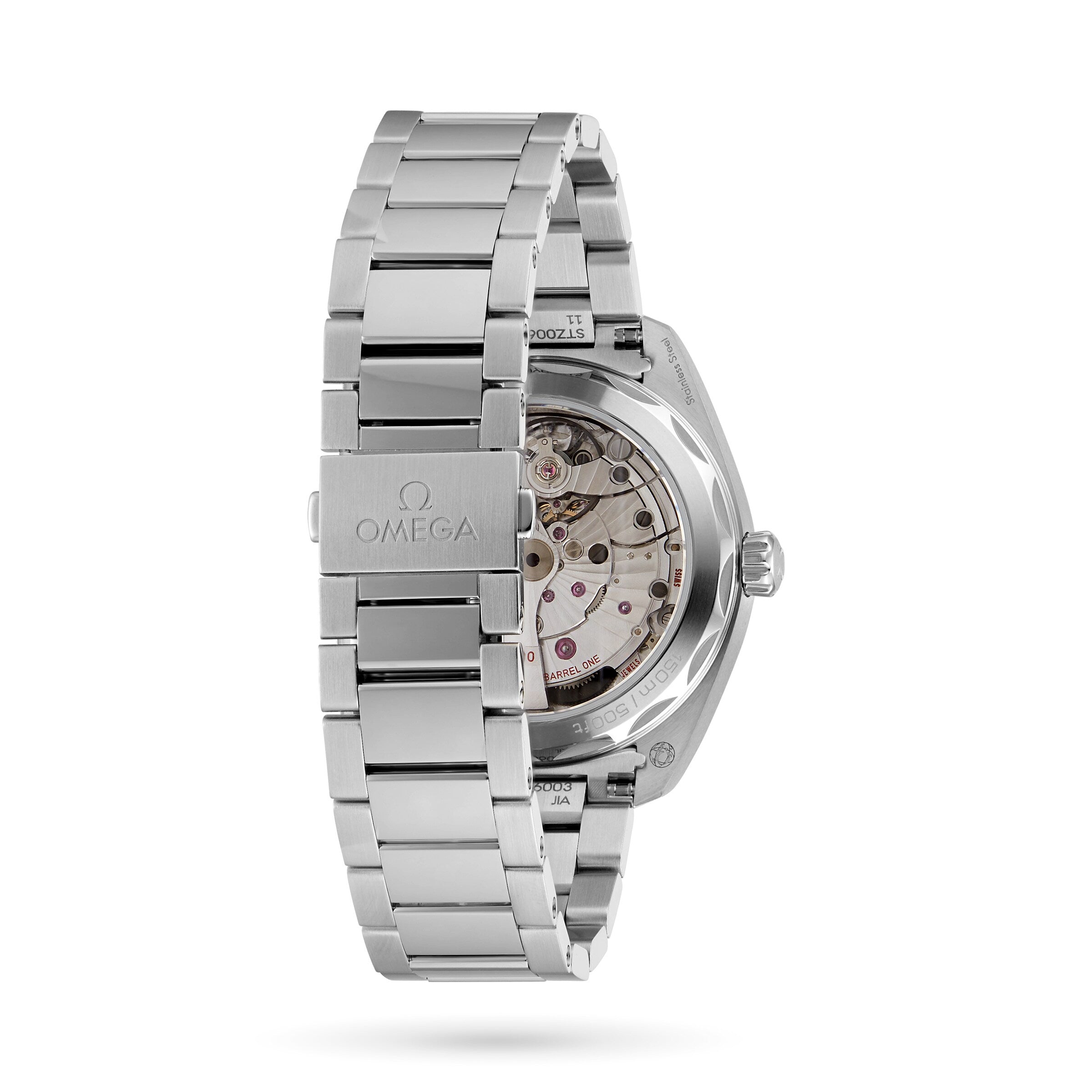 An OMEGA Seamaster Aqua Terra 150M wristwatch shown from the back, displaying its Master Chronometer movement through a transparent case back.