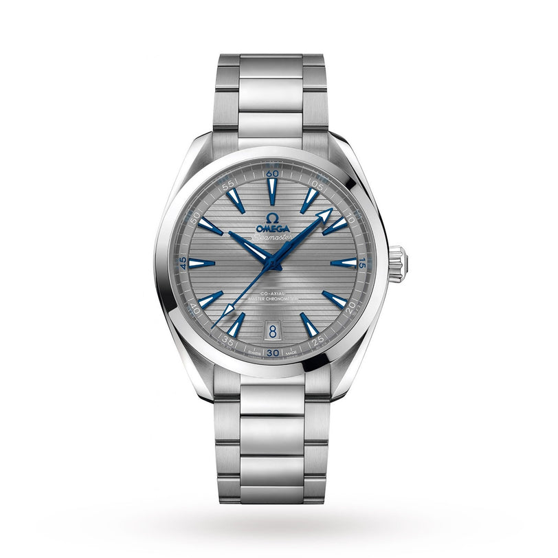 The OMEGA Seamaster Aqua Terra 150M features a stainless steel case, silver dial, blue hour markers and hands, date display at 6 o’clock, and metal link bracelet, showcased on a white background to honor Seamaster heritage.