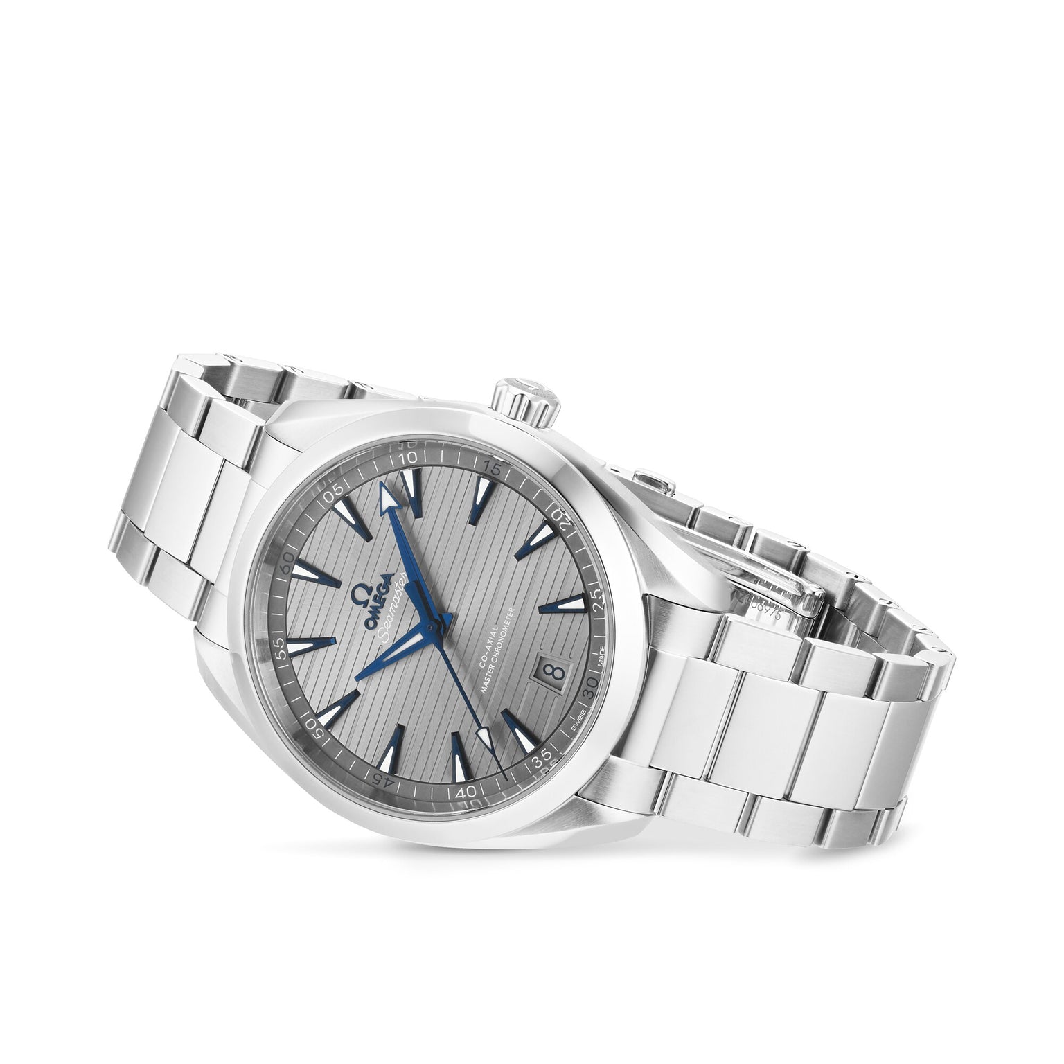 An OMEGA Seamaster Aqua Terra 150M wristwatch with a stainless steel band, grey textured dial, blue hands, and a date display at 6 o’clock is photographed on white, highlighting its prestigious heritage and precision.