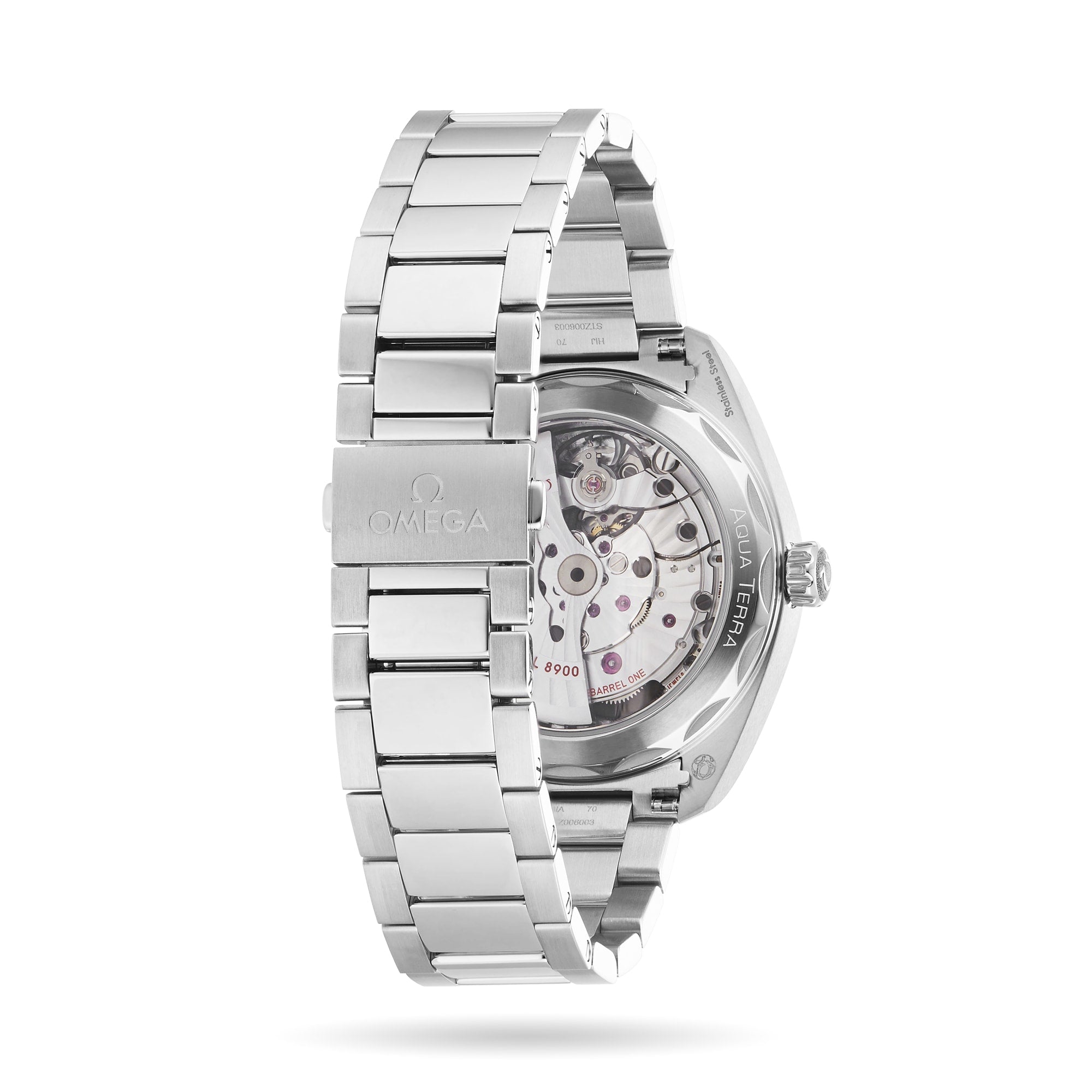 OMEGA Seamaster Aqua Terra 150M wristwatch shown from the back, featuring its transparent caseback and visible Master Chronometer movement—a tribute to OMEGA’s maritime legacy.