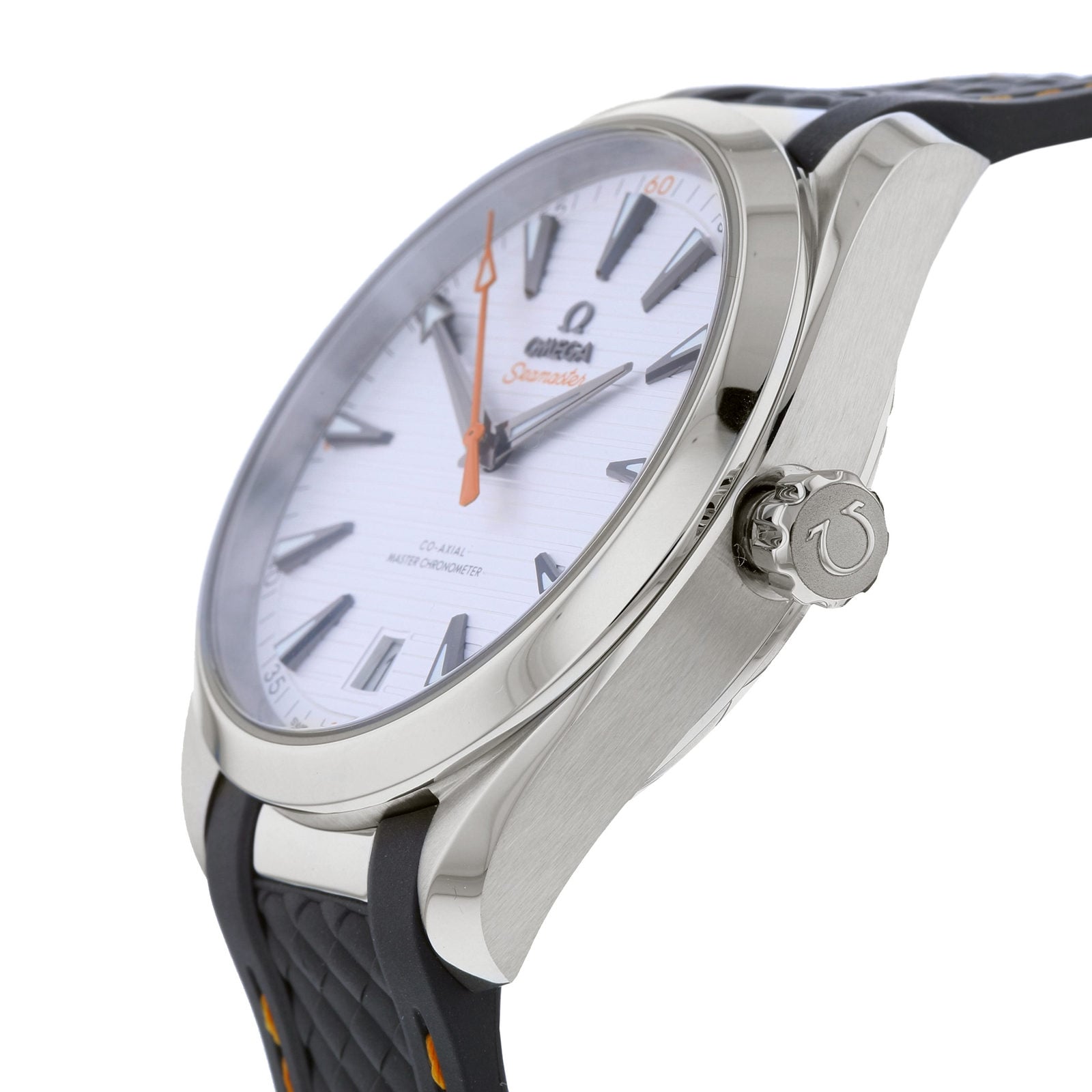 A close-up of the OMEGA Seamaster Aqua Terra 150M wristwatch featuring a white face, black hour markers, an orange second hand, and a black rubber strap—powered by the precise 8900 calibre movement.
